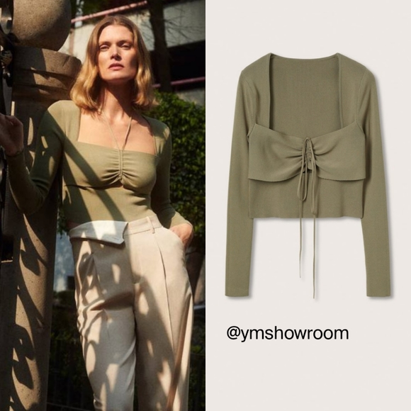 Mango Tops - NewMango Olive Green Tie-Front Long Sleeve Crop Top